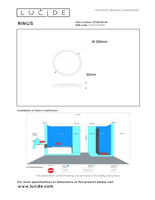Lucide RINUS - Plafonnier Salle de bains - Ø 30 cm - LED - CCT - 1x18W 2200K/3000K - IP44 - Opalin - Essential - technique